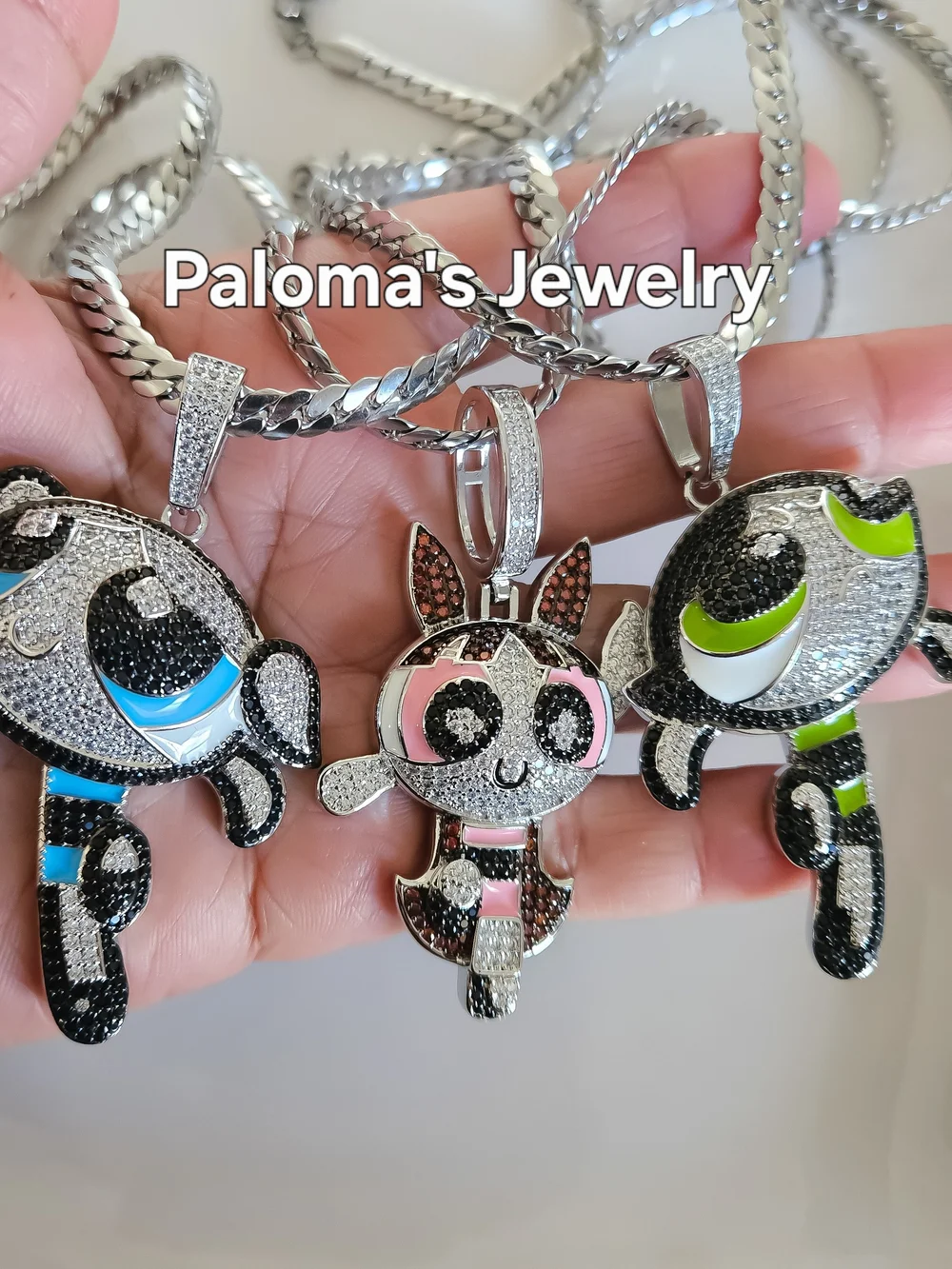 3 Pcs Set Pink, Blue And Green Silver Color Necklaces Powrpuff Girl